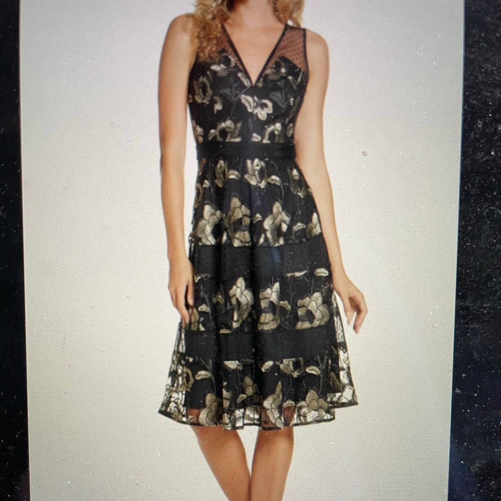 Floral black and gold metallic cocktail dress